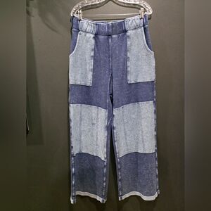 Free People Movement Blue Colorblock Patchwork Wide Leg Pant SP Distressed Hole